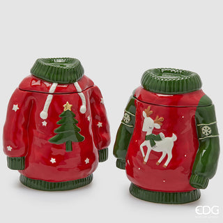 due contenitori di ceramica tema natalizio con maglioni di natale 