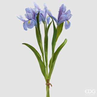 bouquet di iris fiori viola artificiali con tre rami e foglie altezza 44cm